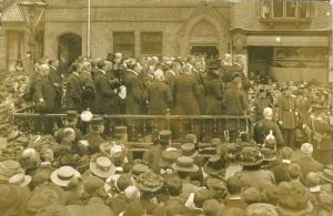 12 May 1910: Proclamation of the Accession of George V, Stone read from the portable bandstand in Granville Square. The portable band stand seen here was the first of its kind and was manufactured by Haynes and Sons, wheelwrights, of Station Road, Stone, and was purchased by Stone Urban District Council. See Copyright footnote at  [6] 