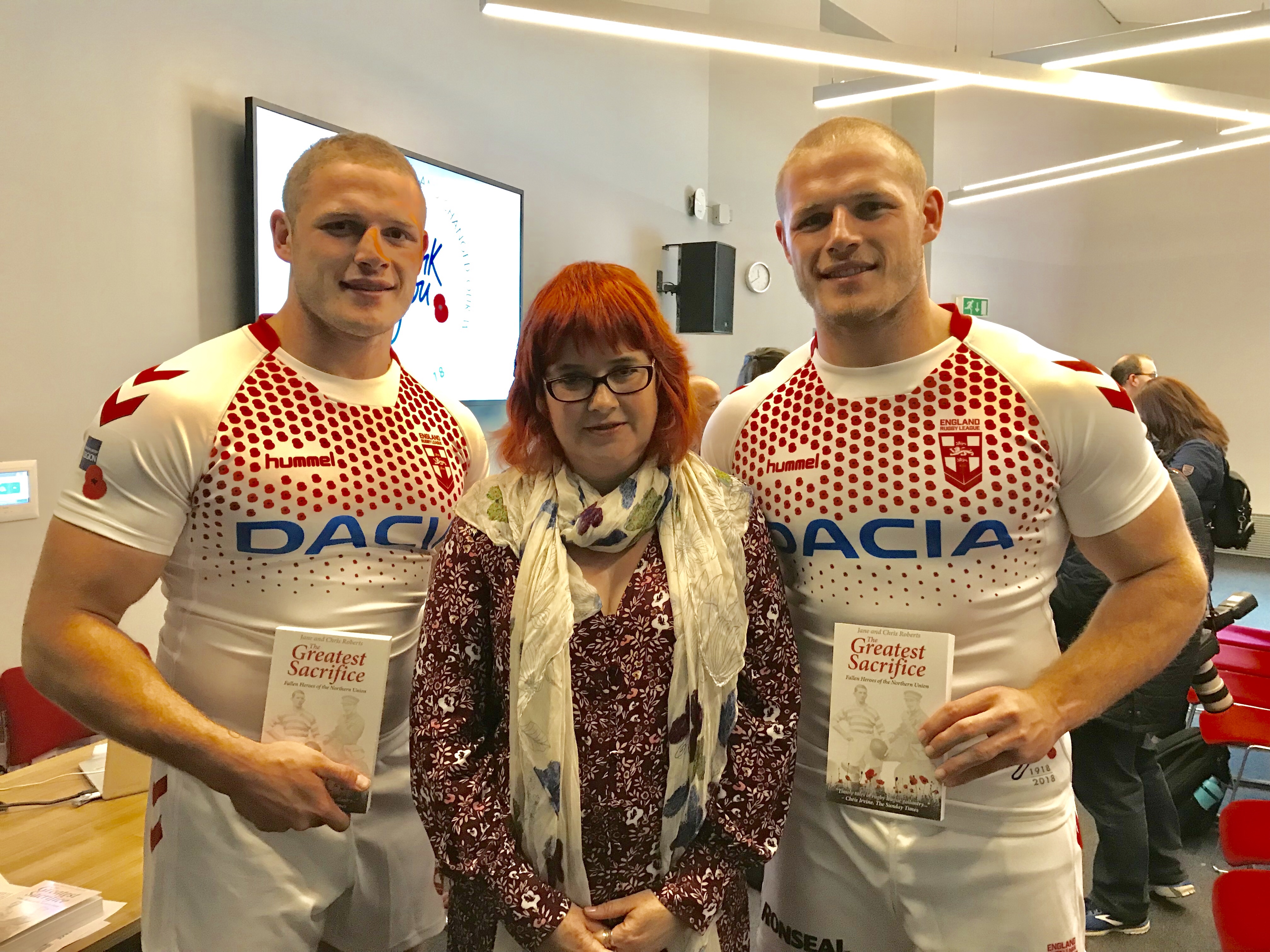 With England Rugby League Stars Tom & George Burgess after they were presented with copies of the book at The Imperial War Museum (North) 